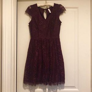 Purple lace fit and flare dress, keyhole back